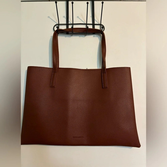 Vince Camuto Luck Tote Brown Vegan Leather with Black Accent Stripe Drop Pocket - Picture 4 of 7